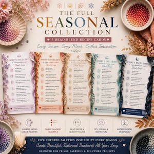 May include: The Full Seasonal Collection: 5 bead blend recipe cards. Each card features a curated Miyuki color palette, ombre gradient guidance, and bead order & quantity guide. Designed for fringe earrings and beadwork projects.