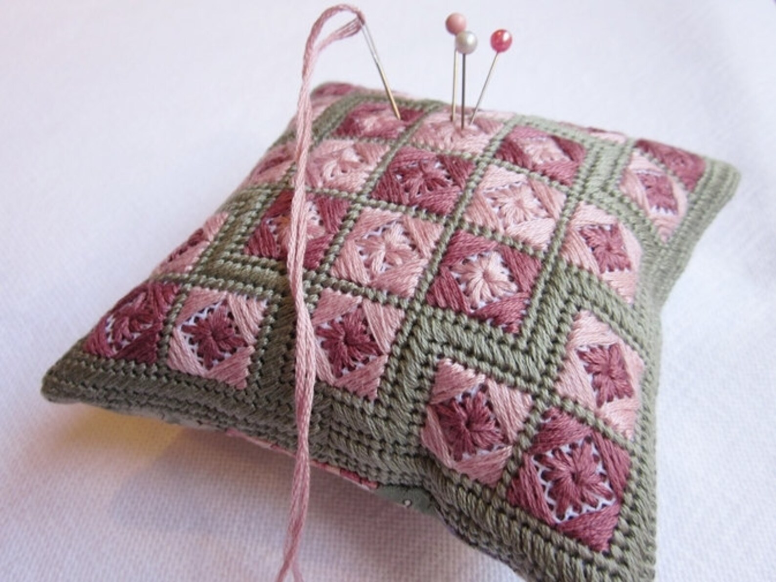 Needlepoint Pincushion Embroidery Pattern Pink Eyelets, Instant
