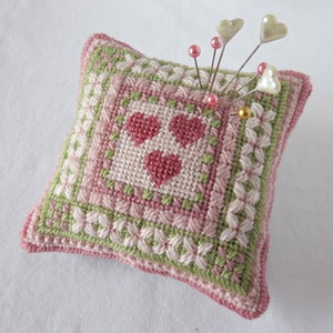 Needlepoint Pincushion Pattern, Love in the Garden design, Instant download, digital embroidery pattern, canvas work