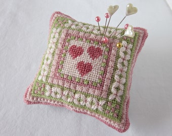 Needlepoint Pincushion Pattern, Love in the Garden design, Instant download, digital embroidery pattern, canvas work