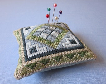 Needlepoint Embroidery Pattern, Blue Eyelet Pincushion, Canvas work embroidery pattern, digital pattern