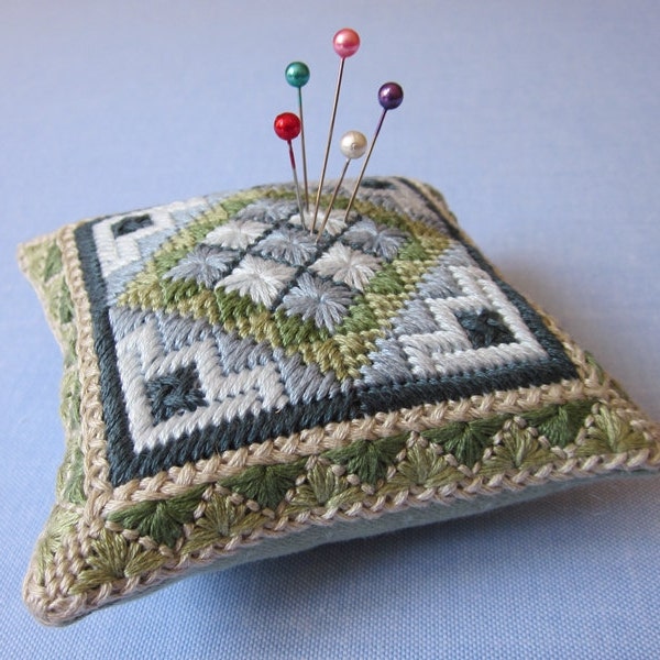 Needlepoint Embroidery Pattern, Blue Eyelet Pincushion, Canvas work embroidery pattern, digital pattern