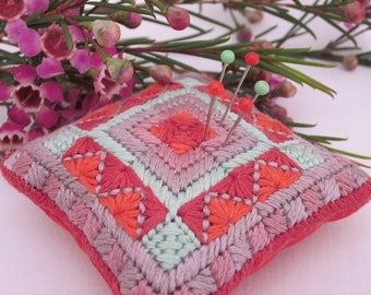 Needlepoint pincushion pattern - Turquoise and coral triangles, instant download, how to tutorial