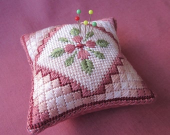 Needlepoint Pincushion Pattern, Flower and Cushion Stitch design, Instant download, hw to embroidery pattern
