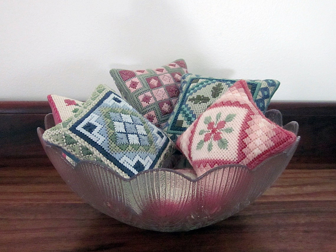 Needlepoint Embroidery Pattern, Blue Eyelet Pincushion, Canvas Work