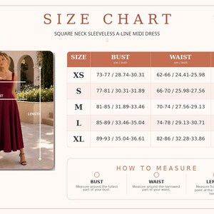 May include: A size chart for a square neck sleeveless A-line midi dress by Kiara ClosetCo. The chart displays bust, waist, and length measurements in centimeters and inches for sizes XS through XL, alongside a visual guide for measuring.