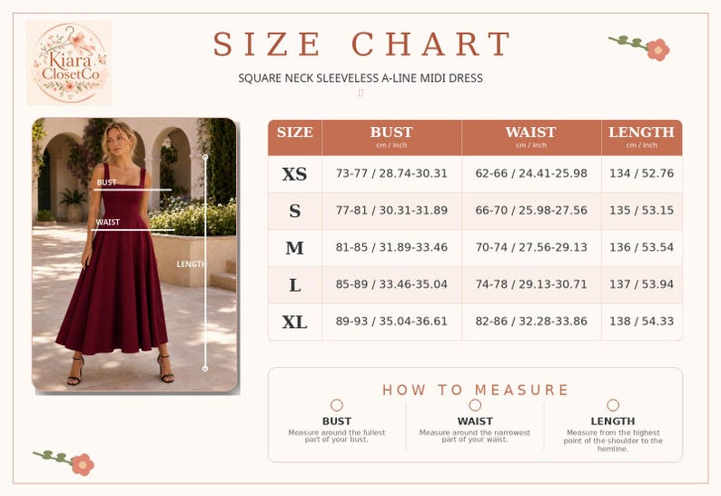 May include: A size chart for a square neck sleeveless A-line midi dress by Kiara ClosetCo. The chart displays bust, waist, and length measurements in centimeters and inches for sizes XS through XL, alongside a visual guide for measuring.