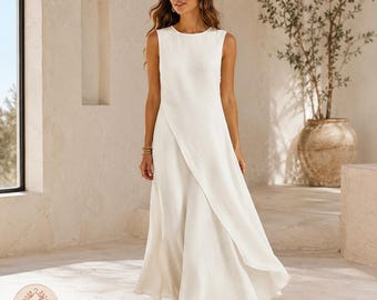 Ärmelloses asymmetrisches Maxikleid aus Leinen