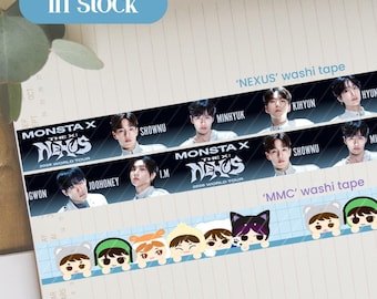 May include: Two rolls of decorative washi tape. The top roll features the text MONSTA X THE X: NEXUS 2026 WORLD TOUR and photographic portraits of band members with their names. The bottom roll displays cartoon characters wearing animal hats.