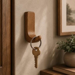 May include: A J-shaped wall hook crafted from smooth, medium-toned wood. The hook is mounted vertically and features a curved lower section that supports a circular metal key ring. A single brass-colored metal key hangs from the key ring.