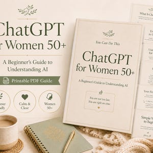 May include: A book titled "ChatGPT for Women 50+" with the subtitle "A Beginner's Guide to Understanding AI" is displayed. Accompanying the book are informational cards, a mug of coffee, a notebook, and a lit candle. The overall theme is educational.