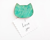 Fridge magnets, Wooden Magnets. Set of 3. Cat, Turquoise