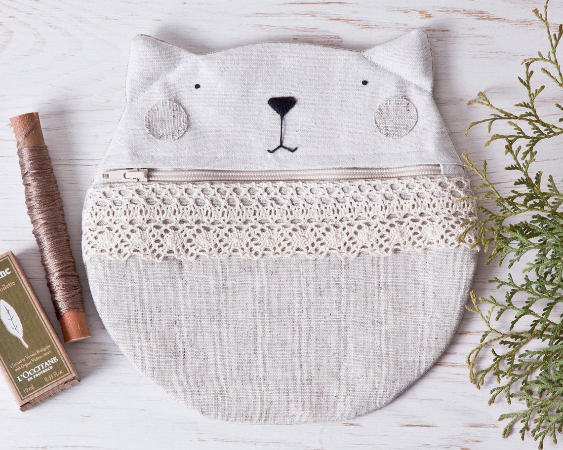 Cat Cosmetic Bag Travel Makeup Bag White Linen Cosmetic Etsy