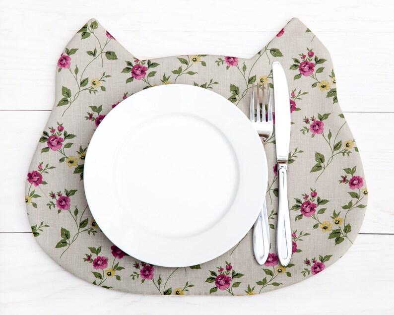 Placemat Gray Cat Fabric Placemat floral pattern Kitchen Decor Etsy