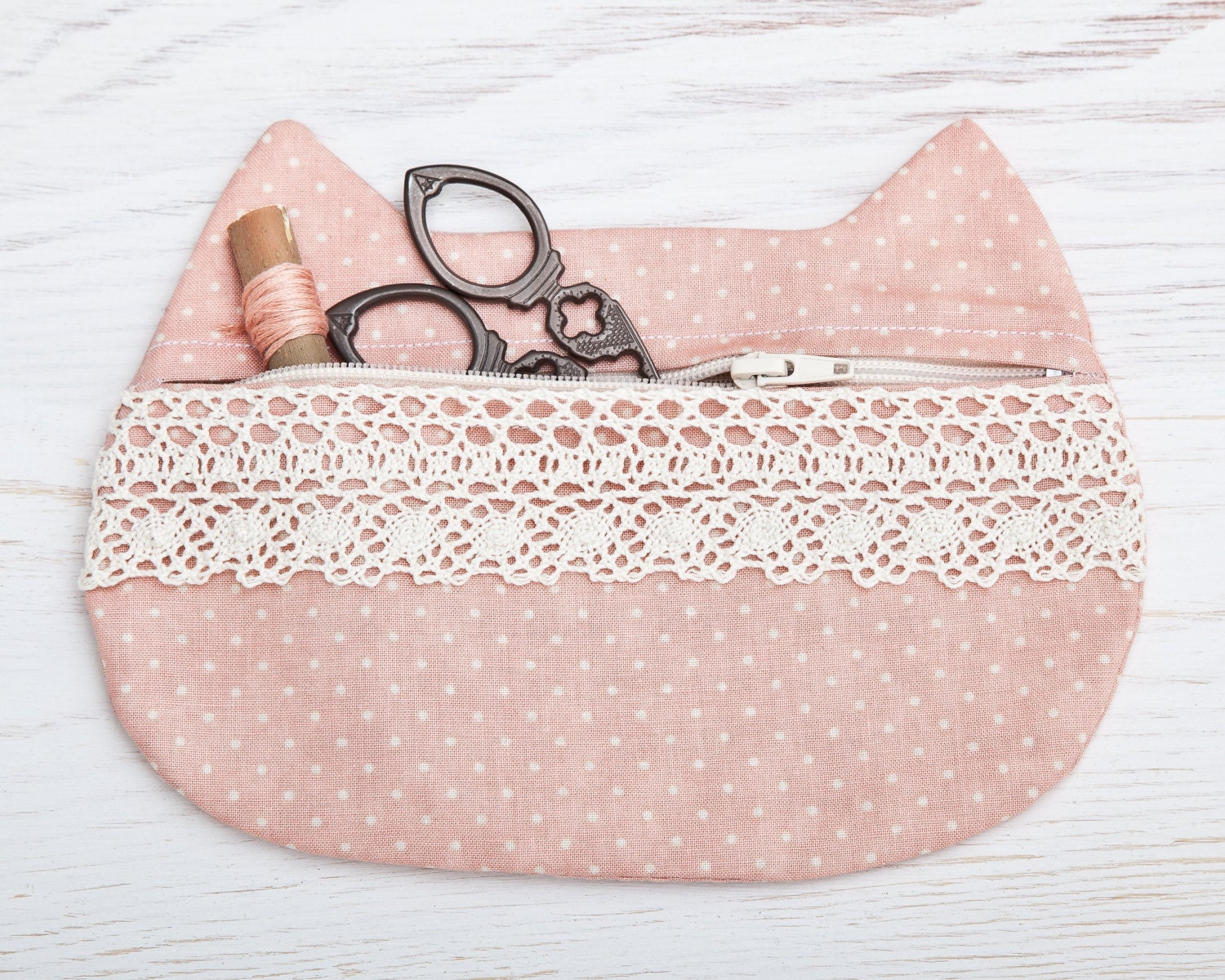 Cat Makeup Bag with lace Pink Cosmetic Bag Cute Pencil Case Etsy