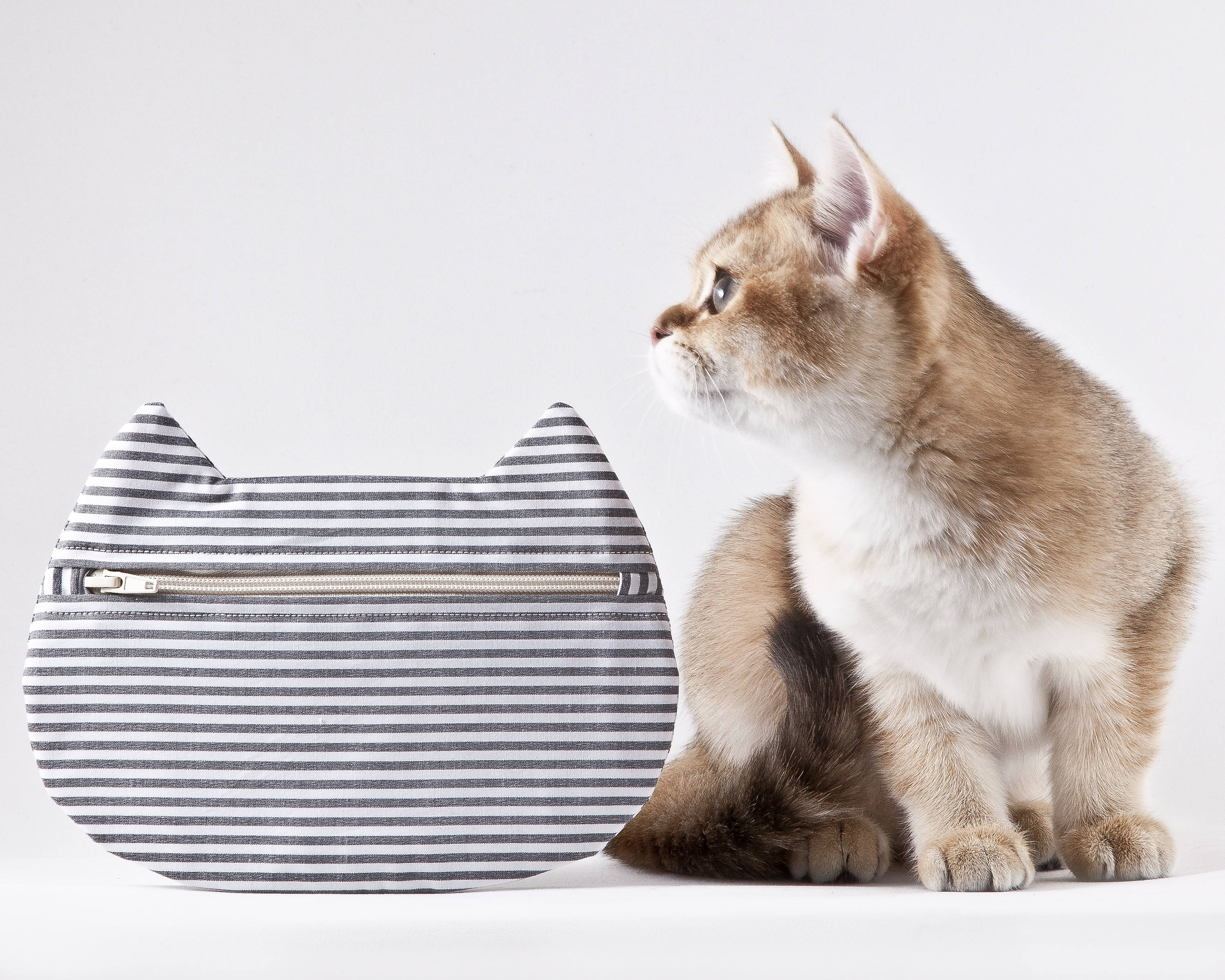 Striped Makeup Bag Cat Lover Gift Gray Cosmetic Bag Cat Etsy