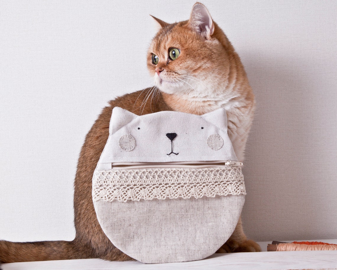 Cat Cosmetic Bag Travel Makeup Bag White Linen Cosmetic Etsy