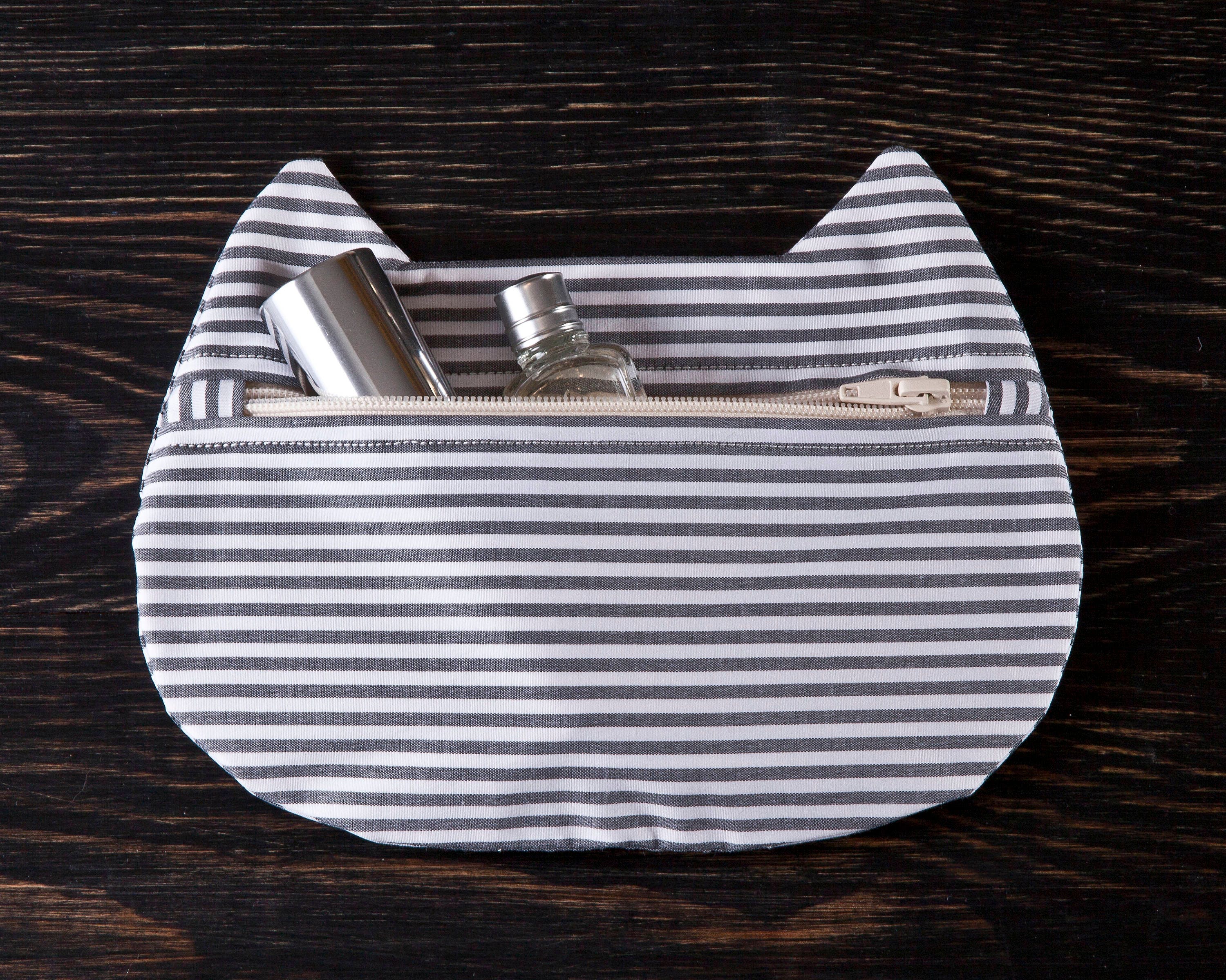 Striped Makeup Bag Cat Lover Gift Gray Cosmetic Bag Cat Etsy