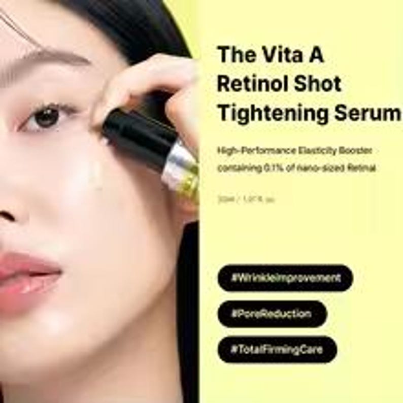May include: The Vita A Retinol Shot Tightening Serum, a high-performance elasticity booster containing 0.1% of nano-sized retinal, 30ml / 1.01 fl. oz. Features hashtags #WrinkleImprovement, #PoreReduction, and #TotalFirmingCare on a yellow background.