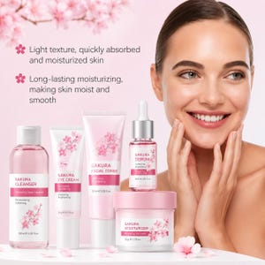 Op de afbeelding: Een huidverzorgingsset met Sakura Cleanser 100ml, Eye Cream 20g, Facial Toner 100ml, Serum 30ml en Moisturizer 50g. Elke fles en pot heeft roze etiketten met kersenbloesemafbeeldingen en tekst met de productnamen en de inhoudsmaten.