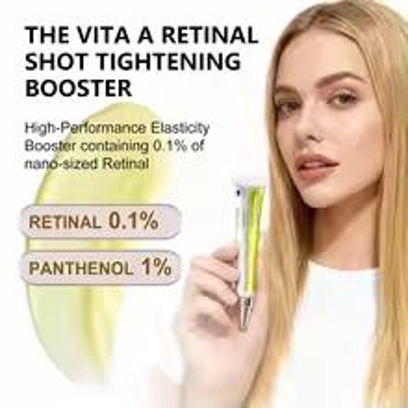 May include: A tube of The Vita A Retinal Shot Tightening Booster skincare product. The packaging features text stating High-Performance Elasticity Booster containing 0.1% of nano-sized Retinal, Retinal 0.1%, and Panthenol 1% with a yellow cream swatch.