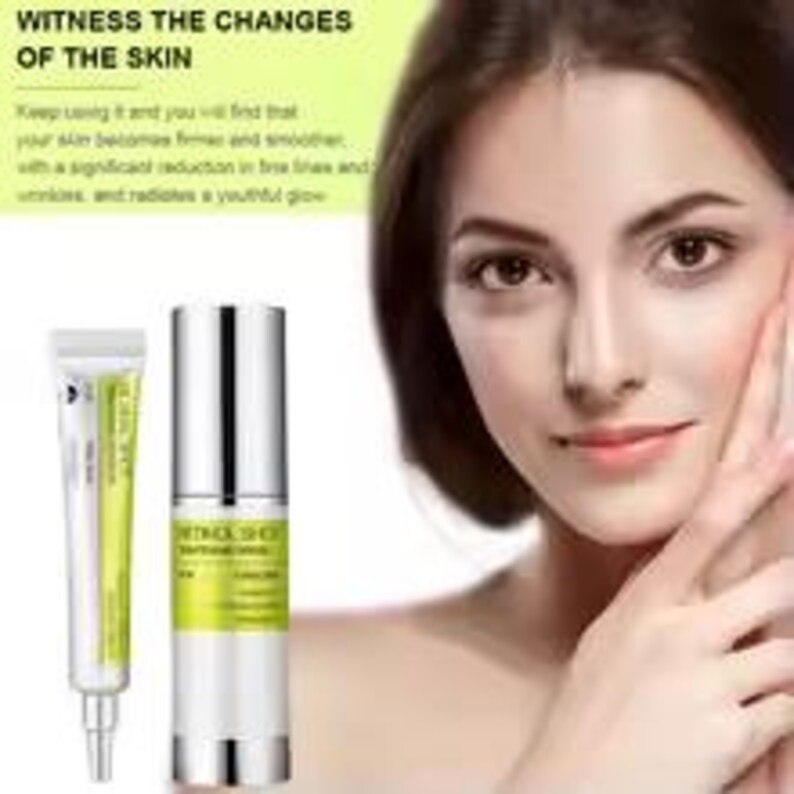 May include: A white and lime green tube and a matching pump bottle labeled Retinol Shot, accompanied by text that reads Witness the changes of the skin, keep using it and you will find that your skin becomes firmer and smoother.