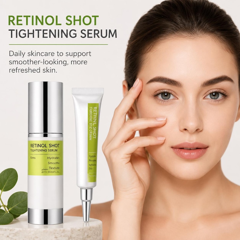 May include: A Retinol Shot Tightening Serum pump bottle and a matching tube with green and white labels. The text reads Retinol Shot Tightening Serum, Firms, Hydrates, Smooths, Texture. The packaging is white with silver accents and green panels.
