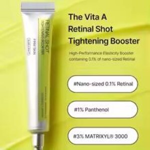 May include: A white and lime green cosmetic tube labeled The Vita A Retinal Shot Tightening Booster. The text lists ingredients including 0.1% nano-sized Retinal, 1% Panthenol, and 3% MATRIXYL 3000, highlighting its high-performance elasticity formula.