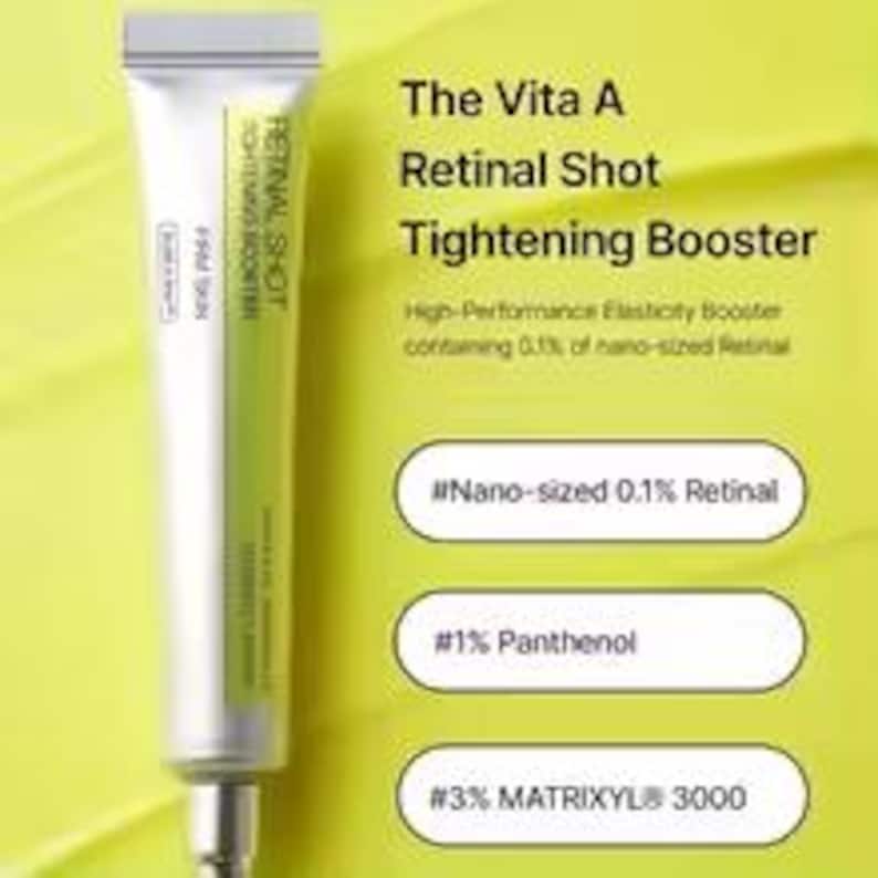 May include: A white and lime green cosmetic tube labeled The Vita A Retinal Shot Tightening Booster. The text lists ingredients including 0.1% nano-sized Retinal, 1% Panthenol, and 3% MATRIXYL 3000, highlighting its high-performance elasticity formula.