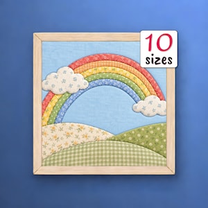 May include: A framed fabric wall art piece featuring a multi-colored rainbow arching over rolling hills and two white clouds with blue floral patterns. The rainbow consists of red, orange, yellow, green, and blue fabric strips. Text reads 10 sizes.