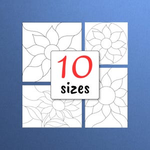 May include: Four white square and rectangular sheets featuring black line art of sunflower-like floral patterns. A central white square overlay displays the red text 10 and the black text sizes, indicating the availability of ten different sizes.