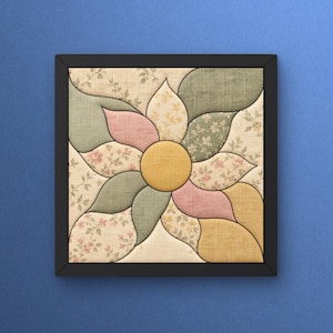 Può includere: Un'opera d'arte murale quadrata in una cornice nera con un cerchio centrale giallo circondato da otto segmenti a forma di petalo. I segmenti si alternano tra tessuto in tinta unita rosa, verde e giallo e tessuto color crema con motivi floreali.