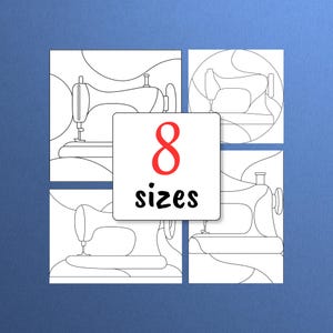 May include: A digital graphic featuring four distinct black and white line art illustrations of sewing machines arranged in a grid. A central white square overlay displays the red number 8 and the black text sizes below it.