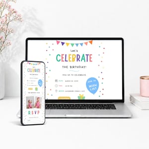 Könnte beinhalten: Ein Laptop und ein Smartphone zeigen eine digitale Geburtstagseinladungsvorlage. Das Design umfasst bunte Wimpel, Konfetti und den Text Let's CELEBRATE THE BIRTHDAY! mit Platzhaltern für Datum, Uhrzeit, Ort und zwei Fotos eines Kindes.