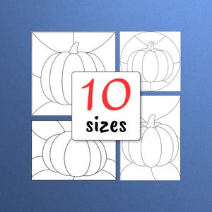 May include: Four black and white line art pumpkin illustrations arranged in a grid. A central white square overlay features the red text 10 and the black text sizes. The pumpkin designs consist of simple outlines and geometric segments.