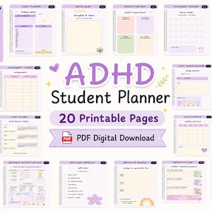 May include: A digital ADHD student planner with 20 printable pages. The planner features a variety of templates, including daily, weekly, and monthly planners, assignment trackers, and goal planners. The design is primarily purple and white with decorative elements.