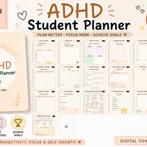 May include: A digital download of an ADHD Student Planner with 20 pages. The planner includes sections for daily, weekly, and monthly planning, goal tracking, and self-care. The cover features the text "ADHD Student Planner" and "You Got This!"