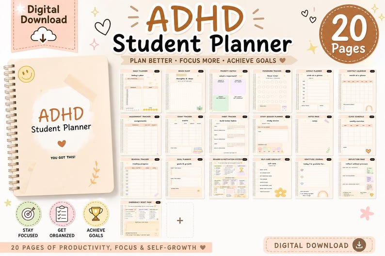 May include: A digital download of an ADHD Student Planner with 20 pages. The planner includes sections for daily, weekly, and monthly planning, goal tracking, and self-care. The cover features the text "ADHD Student Planner" and "You Got This!"