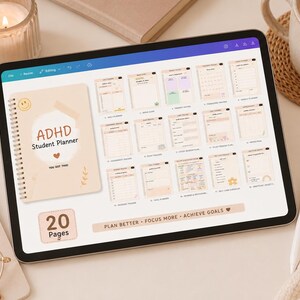 May include: A digital ADHD student planner displayed on a tablet. The planner features a beige cover with the text "ADHD Student Planner" and a smiley face. The tablet shows various pages with organizational tools. The text "Plan Better, Focus More, Achieve Goals" is also visible.