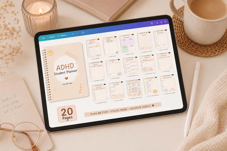 May include: A digital ADHD student planner displayed on a tablet. The planner features a beige cover with the text "ADHD Student Planner" and a smiley face. The tablet shows various pages with organizational tools. The text "Plan Better, Focus More, Achieve Goals" is also visible.