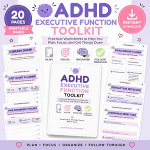 May include: A 20-page ADHD Executive Function Toolkit printable worksheet set featuring purple and pink branding. The cover and pages include sections for brain dumps, task initiation, time awareness, focus sessions, and emotional regulation.