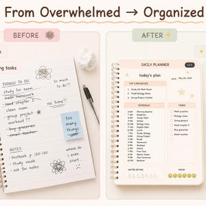 May include: An image showing a contrast between a cluttered notebook and an organised planner. The left side features a spiral-bound notebook with handwritten notes and sticky notes. The right side presents a daily planner with a clear schedule and a small potted plant.