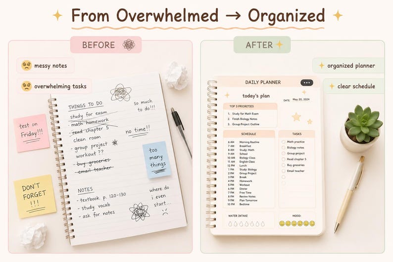 May include: An image showing a contrast between a cluttered notebook and an organised planner. The left side features a spiral-bound notebook with handwritten notes and sticky notes. The right side presents a daily planner with a clear schedule and a small potted plant.