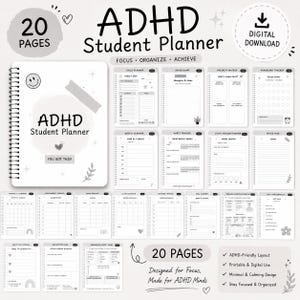 Può includere: Un pianificatore per studenti ADHD bianco con 20 pagine, rilegato a spirale. La copertina presenta "ADHD Student Planner" e "You Got This!". Include pagine di pianificazione giornaliere, settimanali e mensili, tracker delle abitudini e pianificatori di obiettivi.