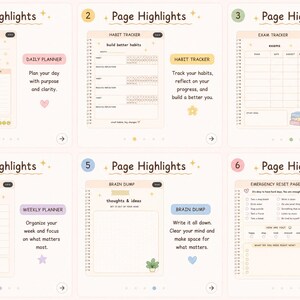 May include: A digital planner with six pages, each with a different layout. The pages include a daily planner, habit tracker, exam tracker, weekly planner, brain dump, and emergency reset page. The pages are light pink with pastel accents.