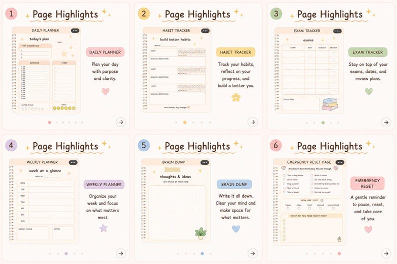 May include: A digital planner with six pages, each with a different layout. The pages include a daily planner, habit tracker, exam tracker, weekly planner, brain dump, and emergency reset page. The pages are light pink with pastel accents.