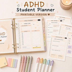 May include: A beige ADHD student planner with a gold binder, open to a daily planner page. The cover reads "ADHD Student Planner" with a smiley face and heart. Includes sticky notes, pens, and habit tracker pages.