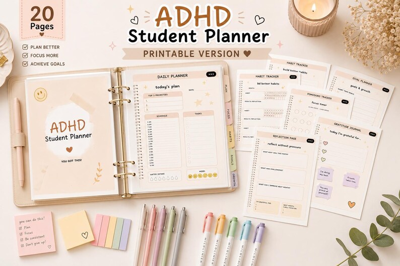 May include: A beige ADHD student planner with a gold binder, open to a daily planner page. The cover reads "ADHD Student Planner" with a smiley face and heart. Includes sticky notes, pens, and habit tracker pages.
