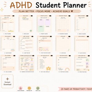May include: A digital ADHD student planner with 20 pages, including daily, weekly, and monthly planners, assignment trackers, and goal-setting pages. The planner is designed to help students plan better, focus more, and achieve goals.