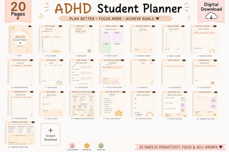 May include: A digital ADHD student planner with 20 pages, including daily, weekly, and monthly planners, assignment trackers, and goal-setting pages. The planner is designed to help students plan better, focus more, and achieve goals.
